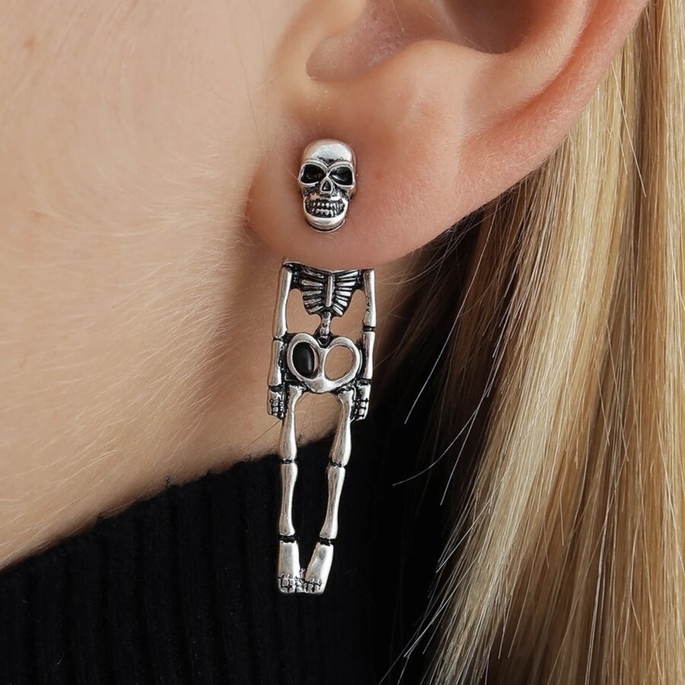 Any 2/$20! Silver Skull Studs w/Skeleton Body Jacket Backs Earrings - Picture 2 of 5